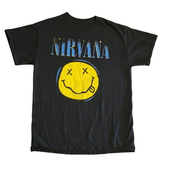 Nirvana T-Shirt Mens Small Smiley Face Logo Black Grunge Rock Band Merch Iconic - Picture 1 of 4